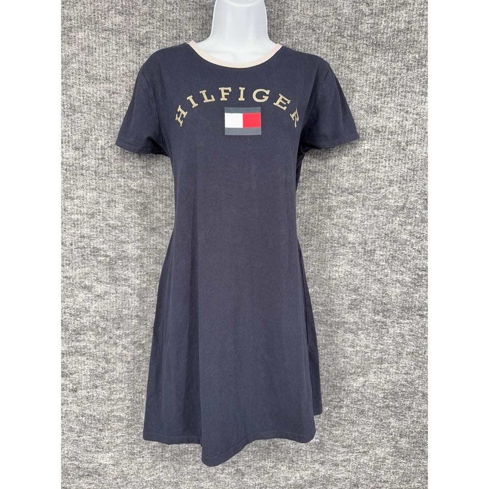 Tommy Hilfiger T Shirt Dress Womens L Blue Logo Crew Neck Short Sleeve Jersey